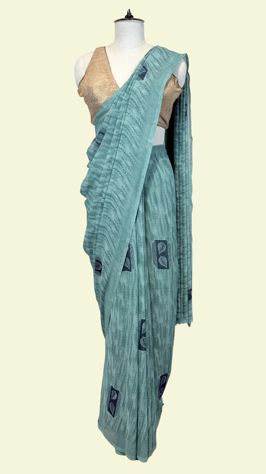 Sea Green Leaf Motif Synthetic Printed Saree