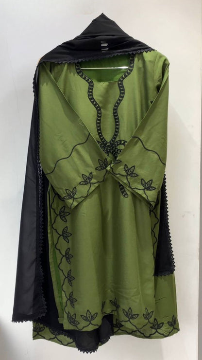 Olive Green Pakistani Embroidered Kurta Palazzo Dupatta Set For Women
