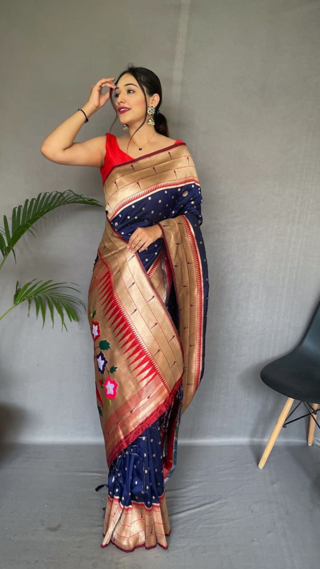 Navy Blue Paithani Soft Silk Saree with Rich Gold Zari Border & Woven Pallu