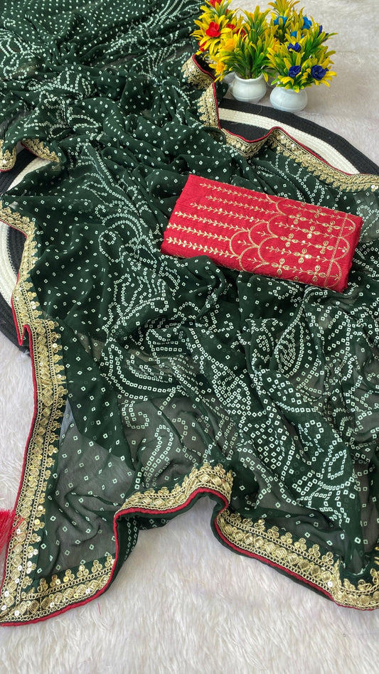 Green Georgette Bandhani Saree With Red Contrast Blouse