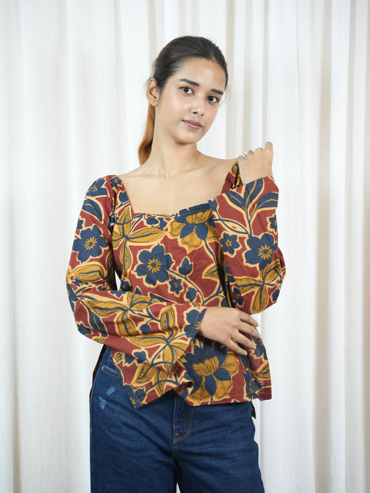 Women's Rust Red pure Cotton linen black cord set kurti