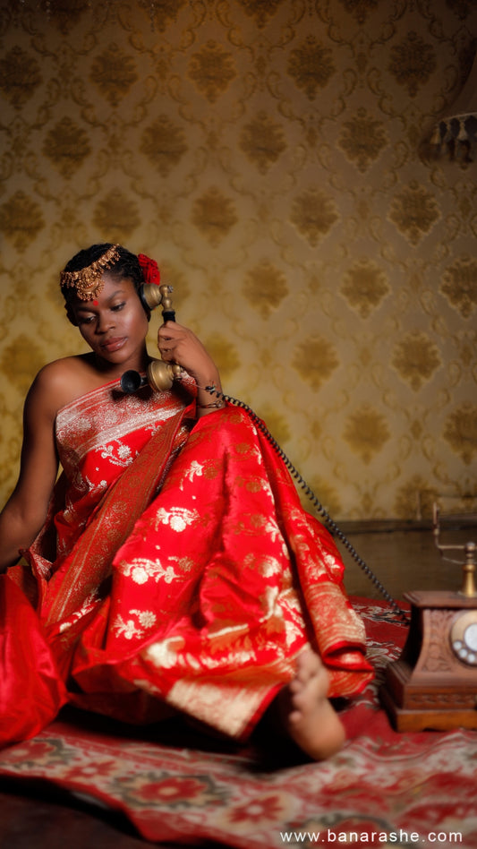 Ruby Red Geometric Katan Banarasi Saree