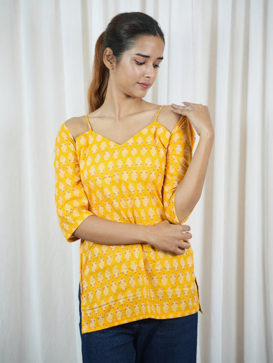 Women's Mustard Yellow Cold Shoulder Cotton Kurti with Traditional Print