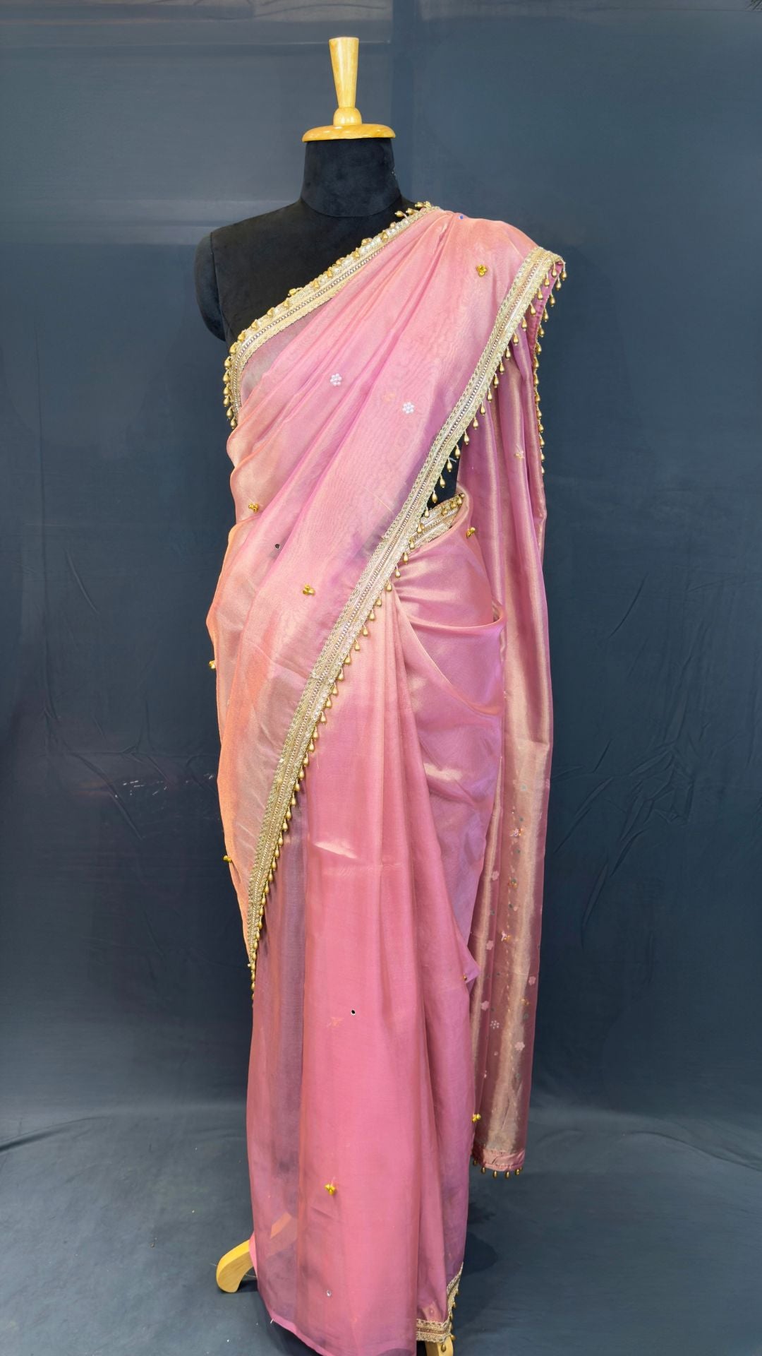 Pink Tissue Ghungroo Mirror Work Saree
