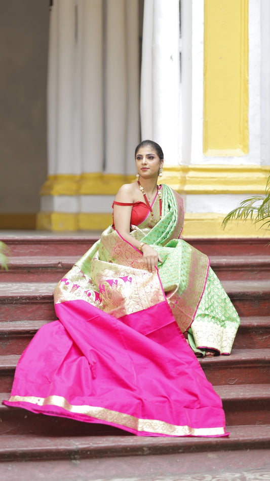 Jaladhara mint green Katan Silk Waterfall Dual Zari