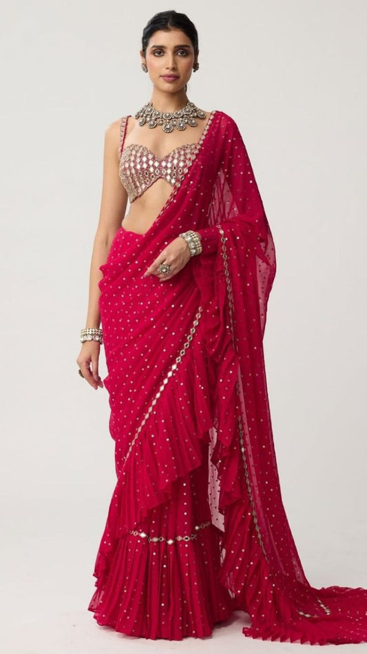 Red Sequin Crush Pleated Saree with Mirror Blouse