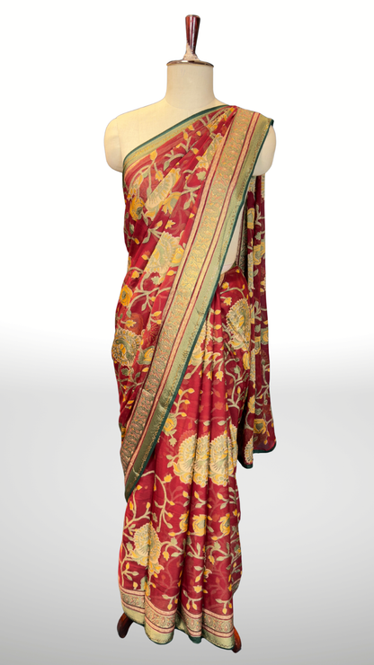 Banarashe Maroon Red Floral Printed Saree with Green & Gold Traditional Border
