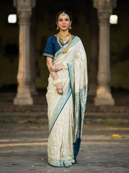 Pure Silk Handloom Khaddi Munga Saree – Cream with Blue Jungle Zari Border