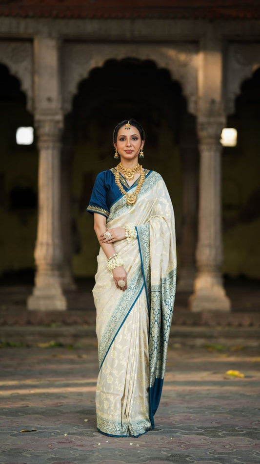 Pure Silk Handloom Khaddi Munga Saree – Cream with Blue Jungle Zari Border