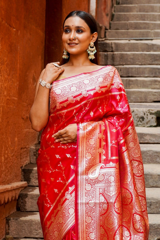 Pure Banarasi Red Flame Katan Silk Saree