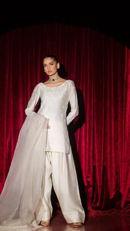 Celebrity Inspired Ivory Farshi Salwar Suit with Sequin Embroidery & Organza Dupatta