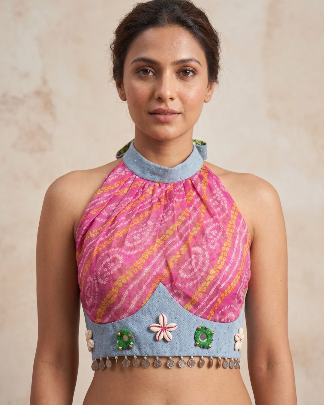 Pink Bandhani Halter Neck Blouse with Denim Detail & Shell work