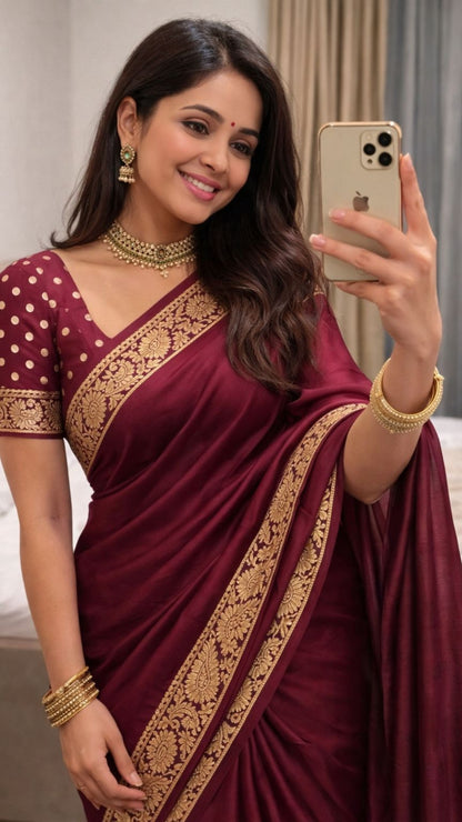 Wine Pure Chinon Chiffon Saree with Antique Zari Weaving Border