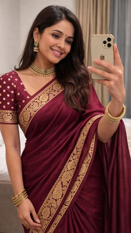 Wine Pure Chinon Chiffon Saree with Antique Zari Weaving Border