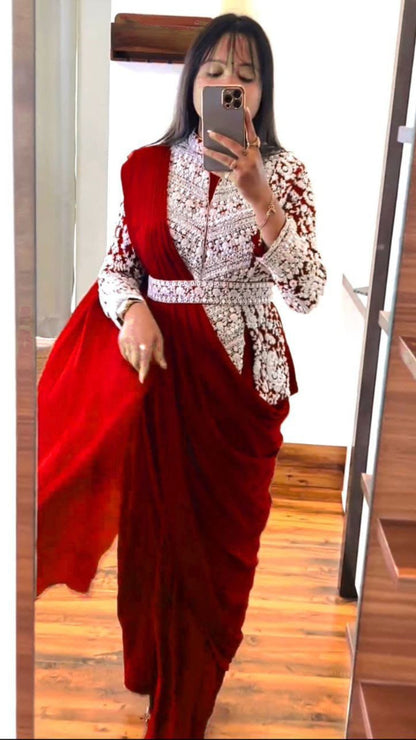 Red Rangoli Ready To Wear Saree with Embroidered Koti Blouse & Fancy Belt