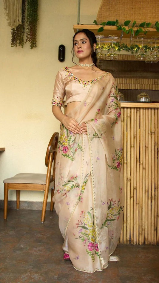 Blush Beige Floral Tabby Silk Saree with Sequins & Katdana Handwork