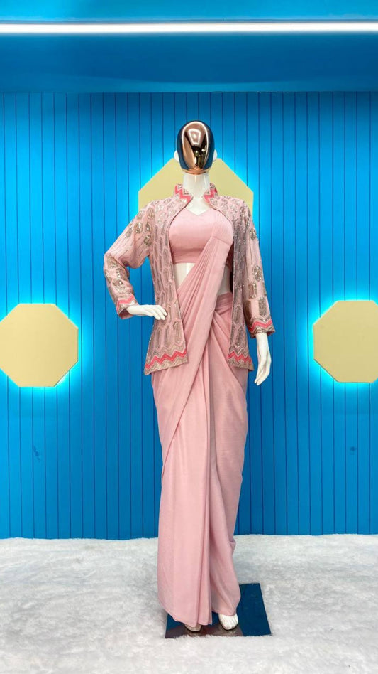 Peach Chinon Silk Ready-to-Wear Saree with Sequin Embroidered Blouse & Belt