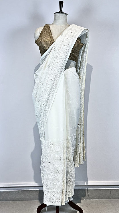 White Semi Chikankari Embroidered Saree for Women