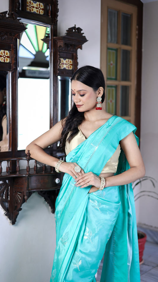 Bright Sky Blue Katan Mashru Silk Saree