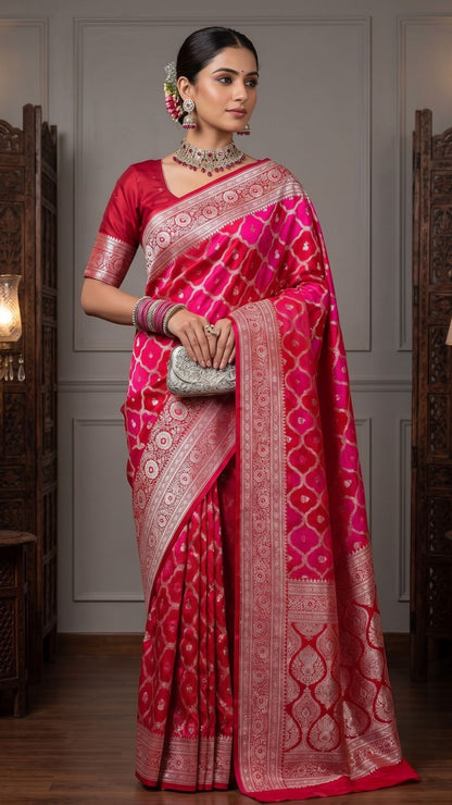 Banarashe Rani Pink & Red Mashru Silk Saree with Intricate Gold Zari Woven Motifs & Traditional Border