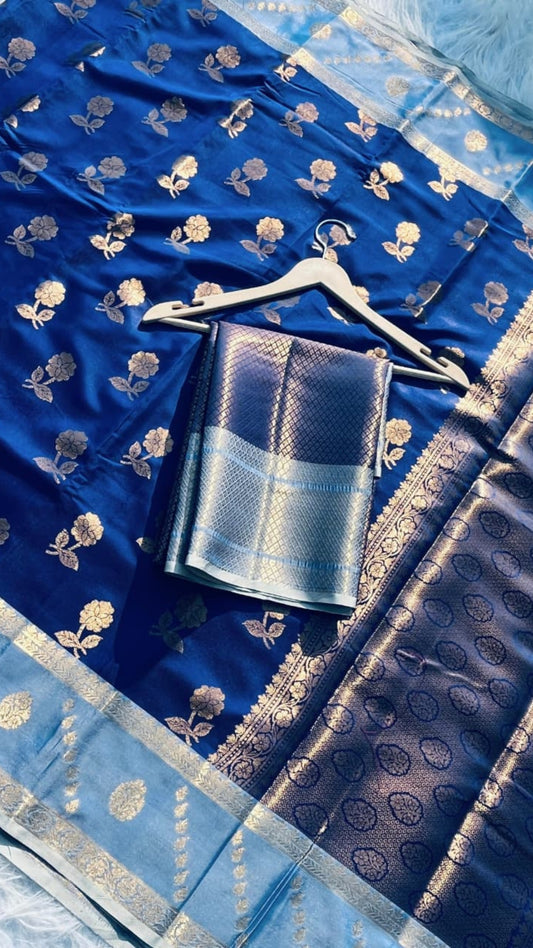 Royal Blue Soft Silk Double Zari Saree - Elegant Rose Pot Design