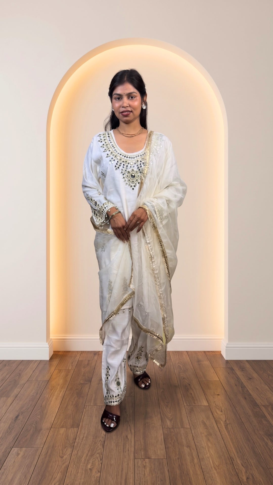 White Mirror Work Linen Cotton Suit Set with Dupatta