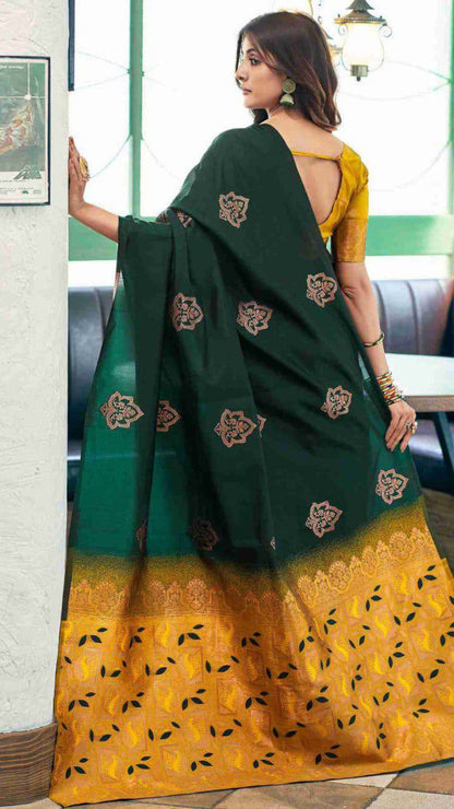 Bottle Green Soft Lichi Silk Saree with Rich Golden Jacquard Pallu & Contrast Blouse