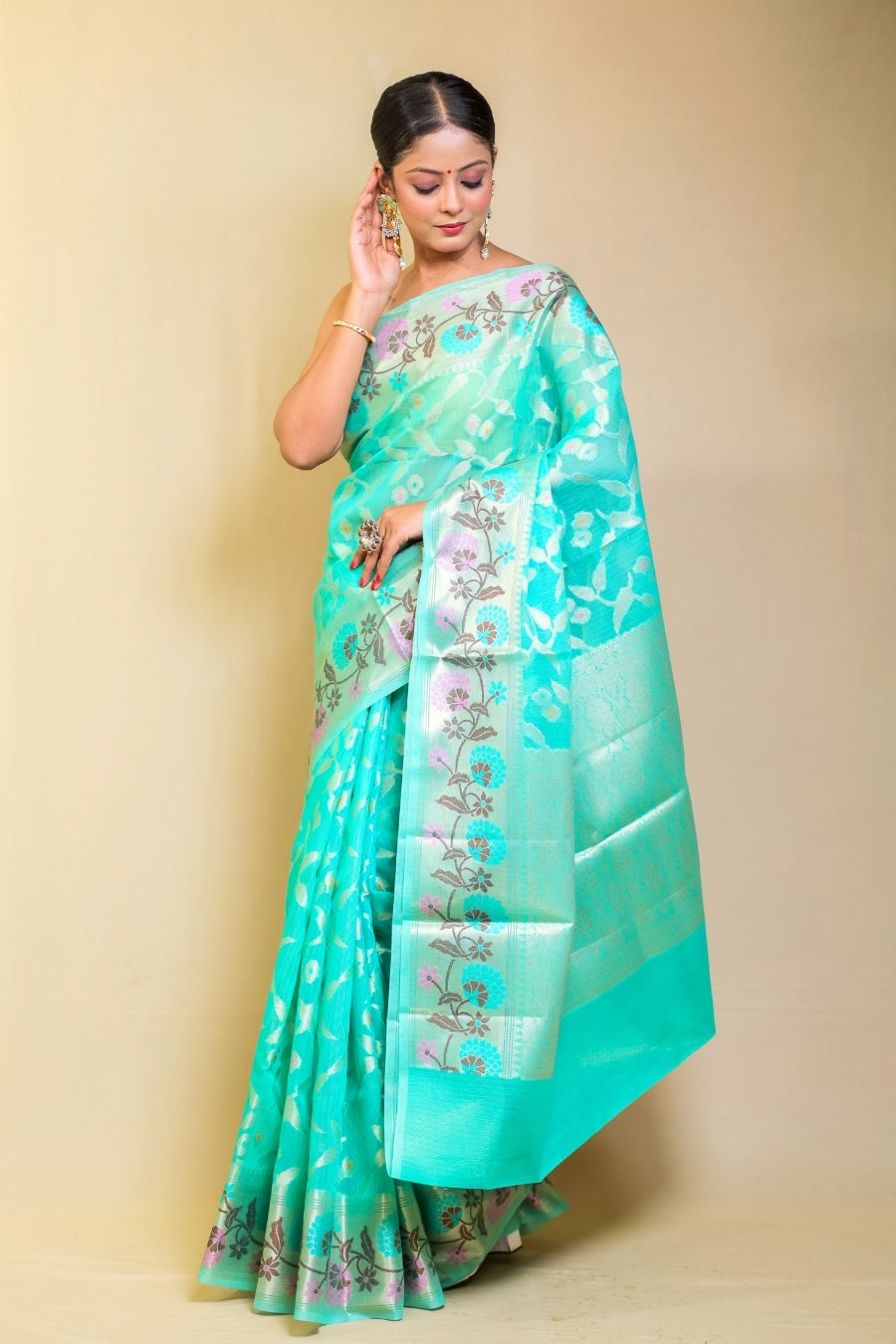 Banarashe Aqua Blue SuperNet Banarasi Kora Paithani Saree