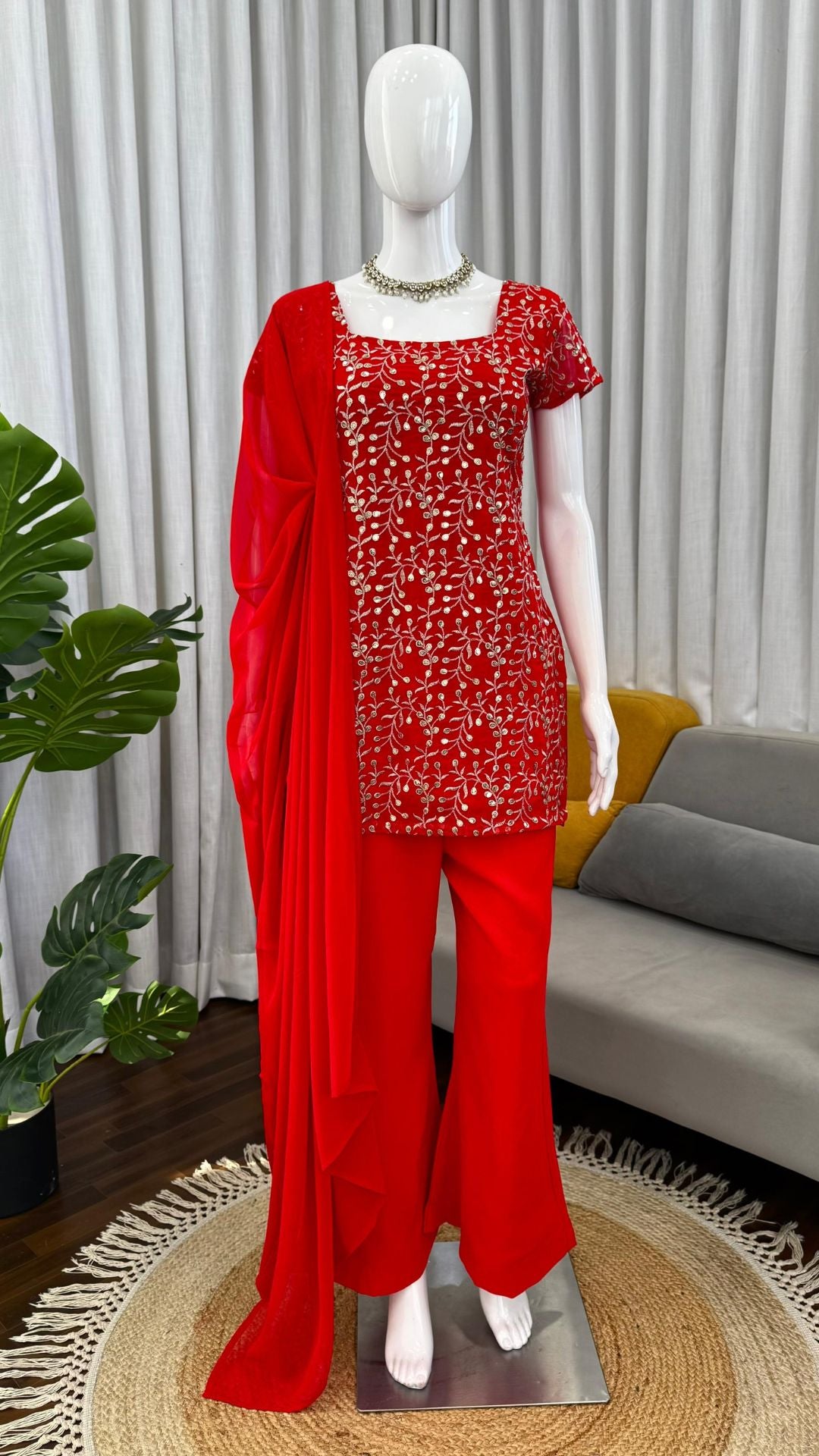 Royal Red Embroidered Georgette Suit Set with Bootcut Pants & Dupatta