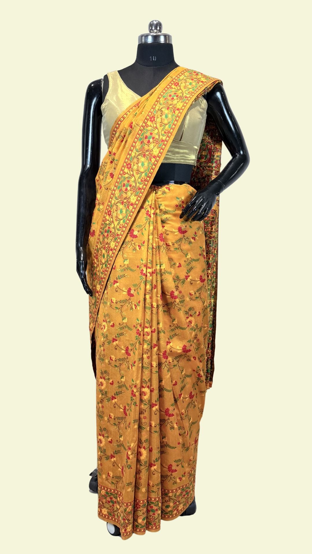 Mustard Banarasi Cotton Saree with Meenakari Weaving
