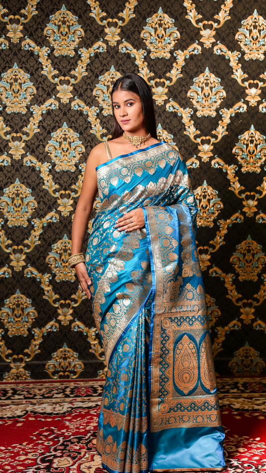 Azure Bloom Banarasi Silk Saree with Silver Zari Elegance