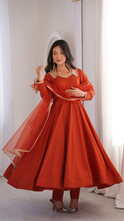 Rust Roman Silk Chanderi Anarkali Set