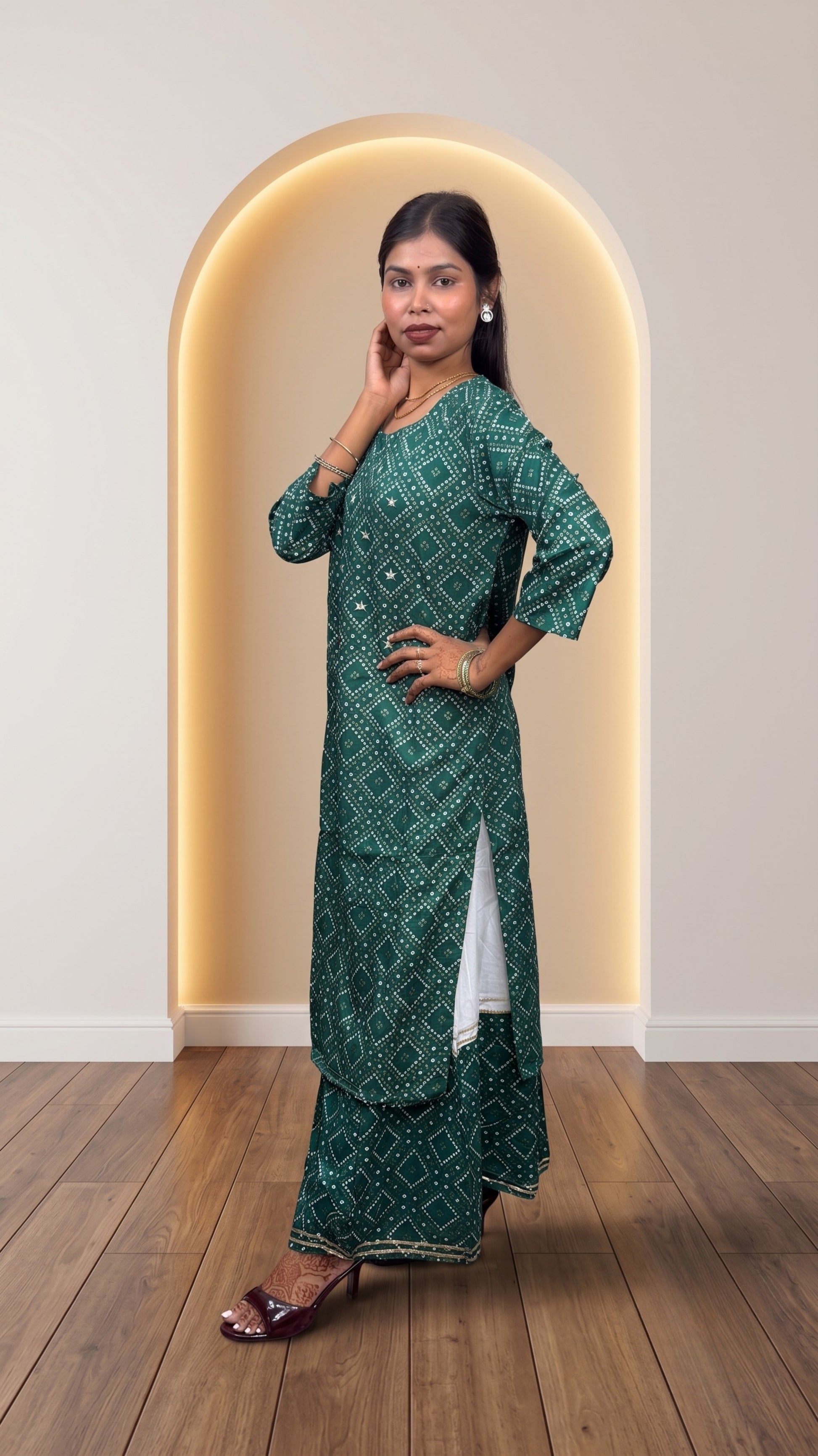 Women’s Green Soft Cotton Bandhani Printed Kurta & Sharara Set