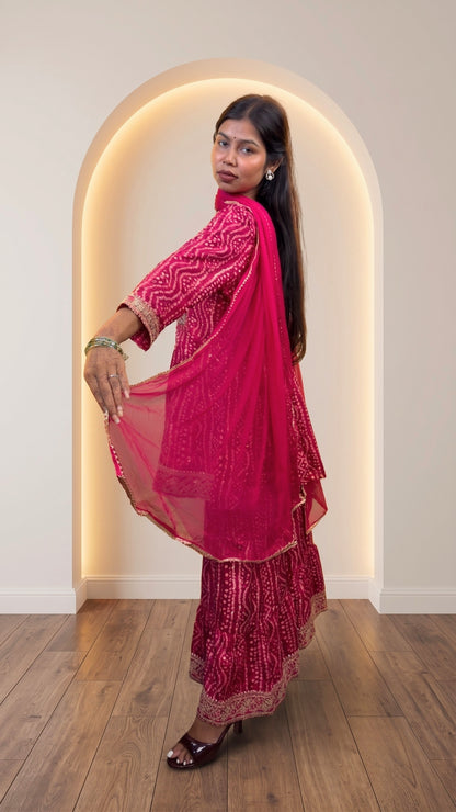 Pink Soft Cotton Bandhani Printed Embroidered Gharara Suit Set