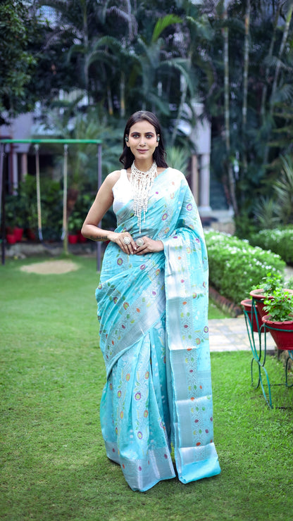 Contrast Bright Skyblue Katan Mashru Silk Saree
