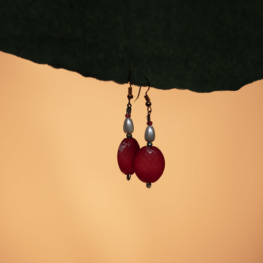 Glass Pearl & Red Acrylic Flat Shape Earrings – Diamond Pattern Design