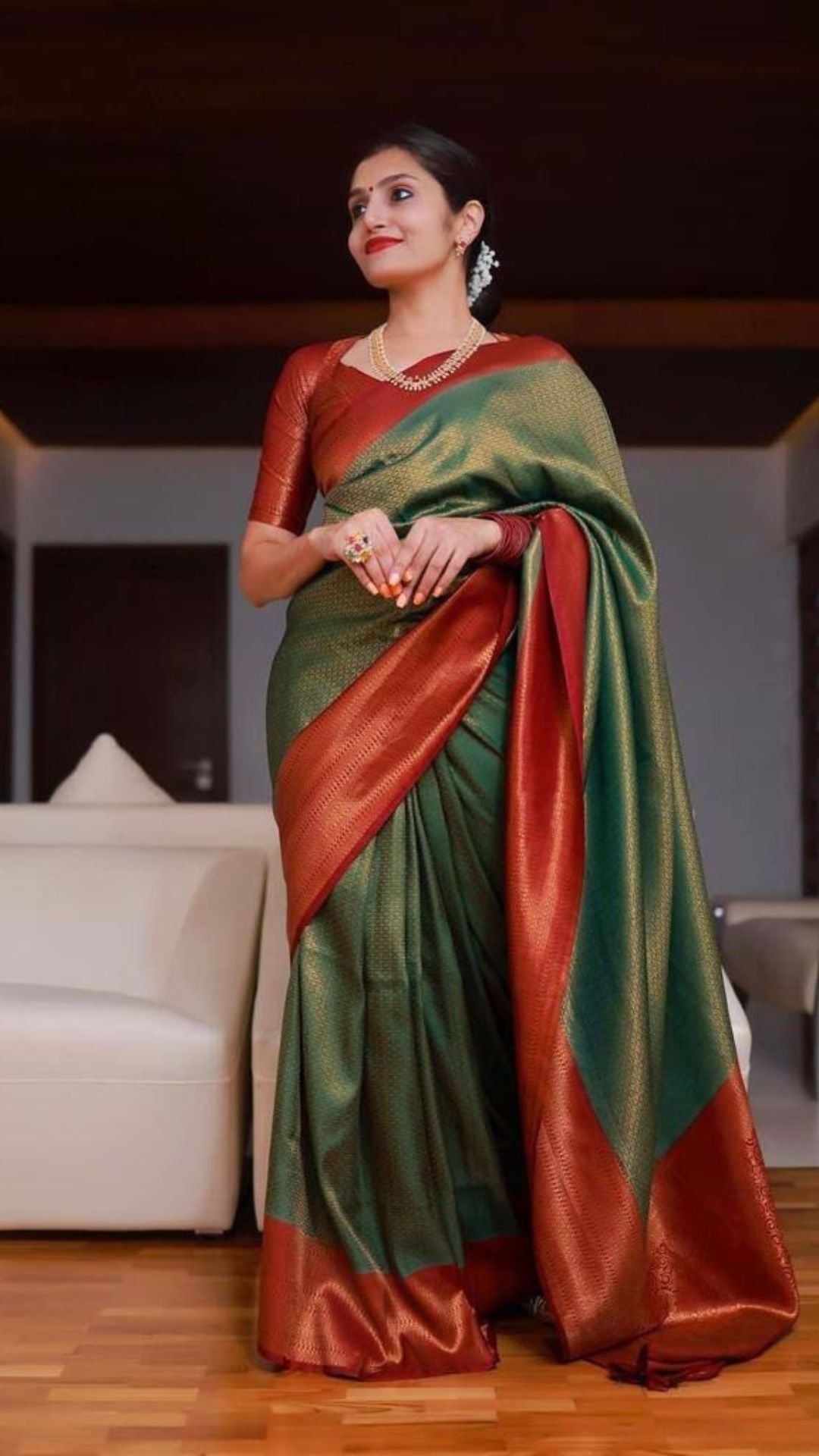 Green Banarasi Soft Lichi Silk Saree with Rich Jacquard Work & Designer Blouse