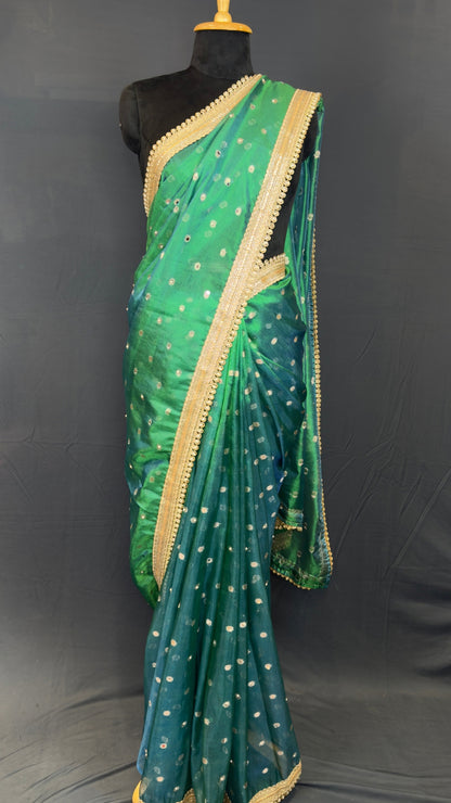 Banarasi Premium Emerald Green Mirror Work Tissue Saree