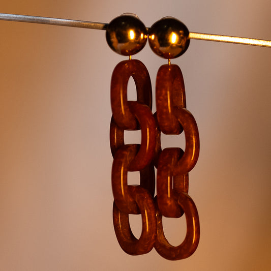 Brass Metal Top Earrings with Brown Resin Epoxy Ring Design