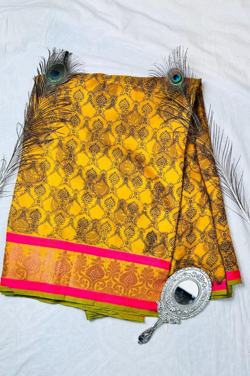 Mustard Yellow Silk Blend Saree with Peacock Butti & Contrast Pink Border