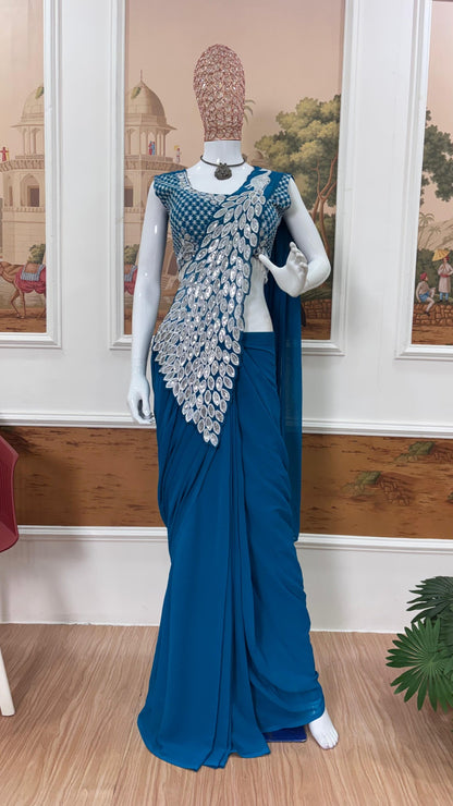 Teal Faux Georgette Ready-to-Wear Drape Saree
