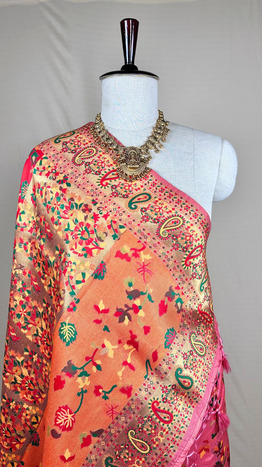 Elegant Pink Floral Meenakari Saree With Blause piece for Festival Wear,