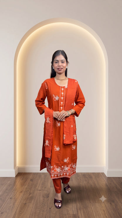 Women’s Orange Pure Cotton Embroidered Kurta Pant & Dupatta Set