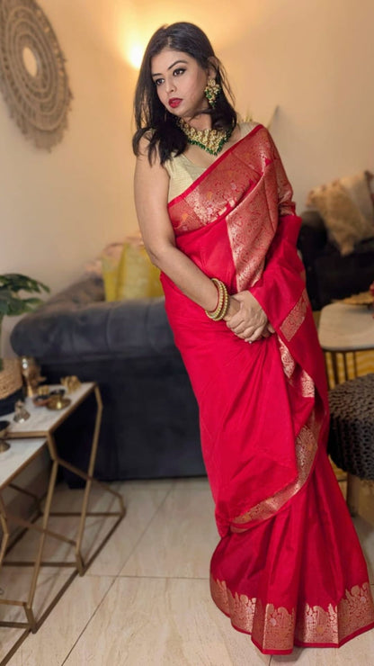 Red Banarasi Inspired Warm Silk Saree with Heavy Zari Brocade Pallu