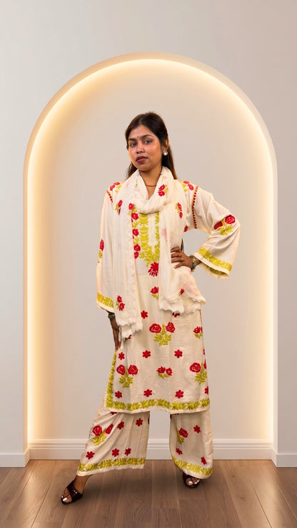 Ivory White Floral Embroidered Premium Cotton Kurta Set with Dupatta