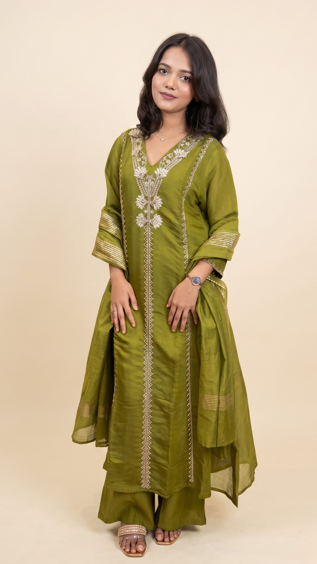 The Royal Olive Zari Embroidered Silk Suit Set