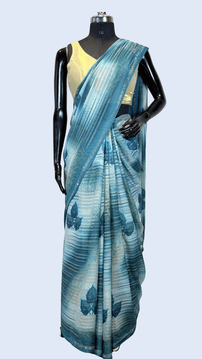 Sky Blue Printed Synthetic Saree with Leaf Print
