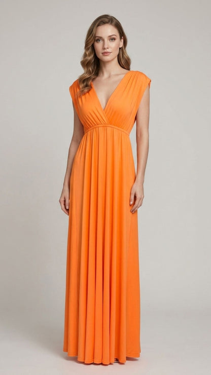 Women's Orange Deep V-Neck Backless Maxi Dress