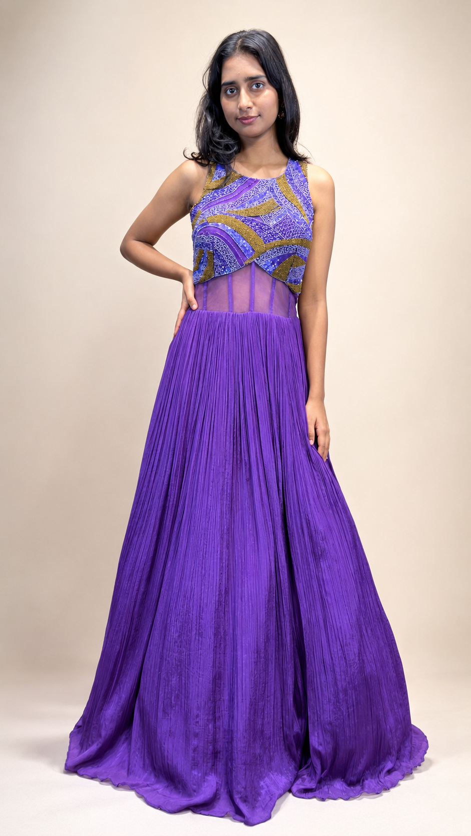 Lavender Embellished Empire Waist A‑Line Chiffon Evening Gown