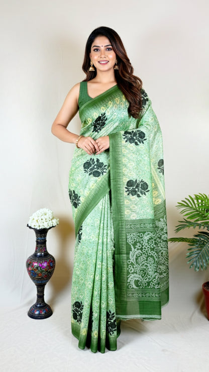 Floral Print Banarasi Georgette Saree  (Green)